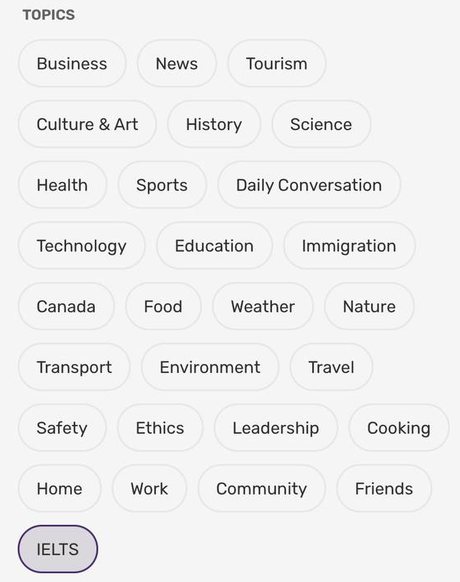 The Search screen in the SpeakingCamps app with the IELTS topic selected